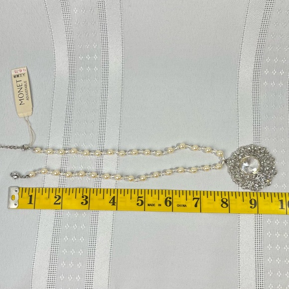 Vintage Monet Faux Pearl Necklace with Ornate Crystal Pendant 15 Inch Adjustable - Picture 10 of 15